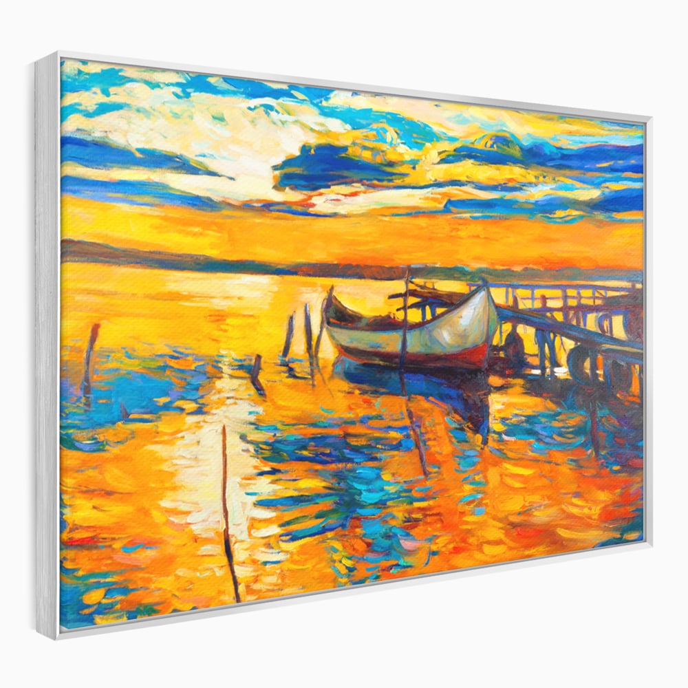 Tablou canvas cu pictura cu barca la apus, in rama de aluminiu argintiu